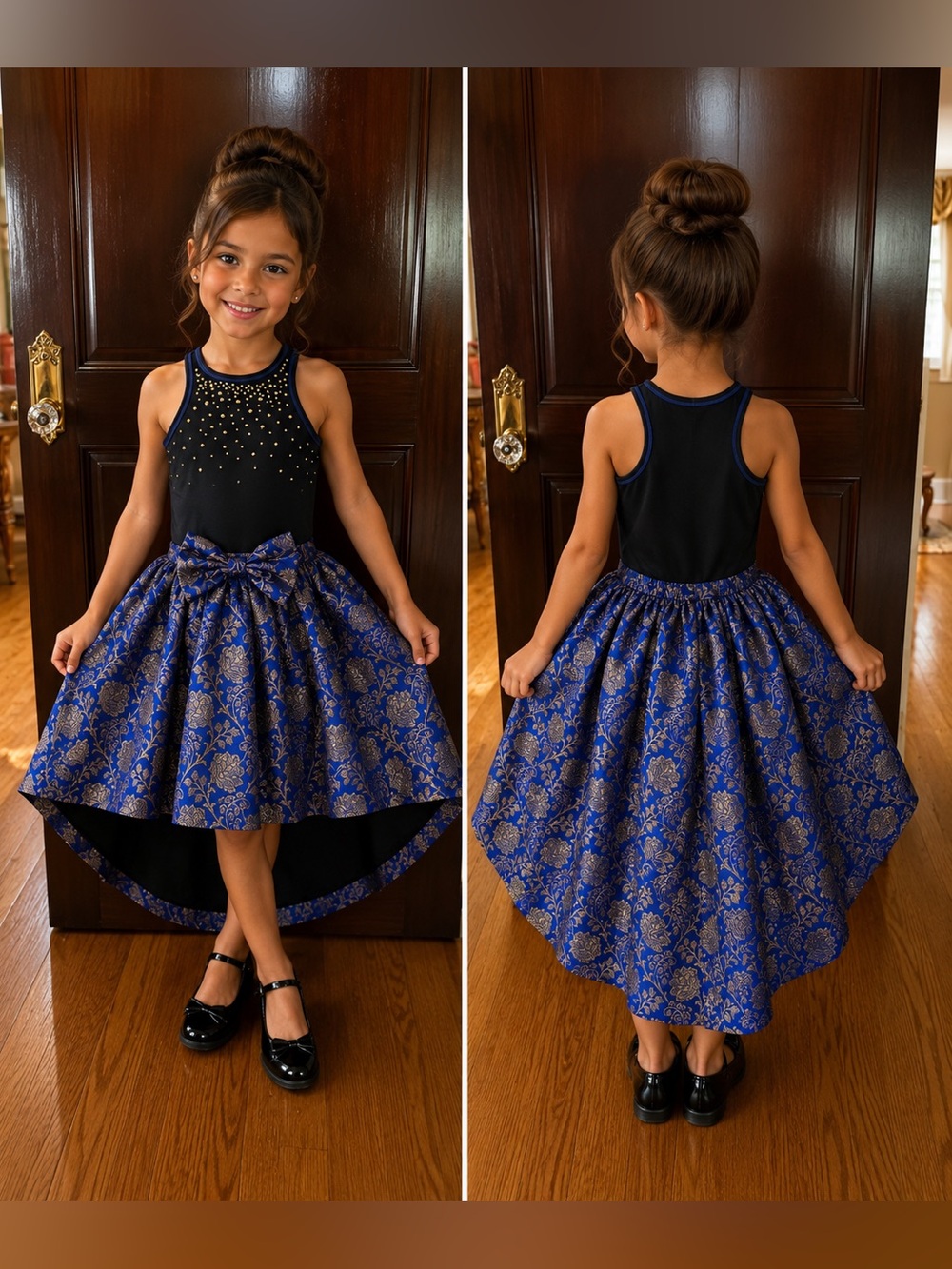 Girls' Navy Blue & Black High-Low Formal Dress with Embellished Bodice